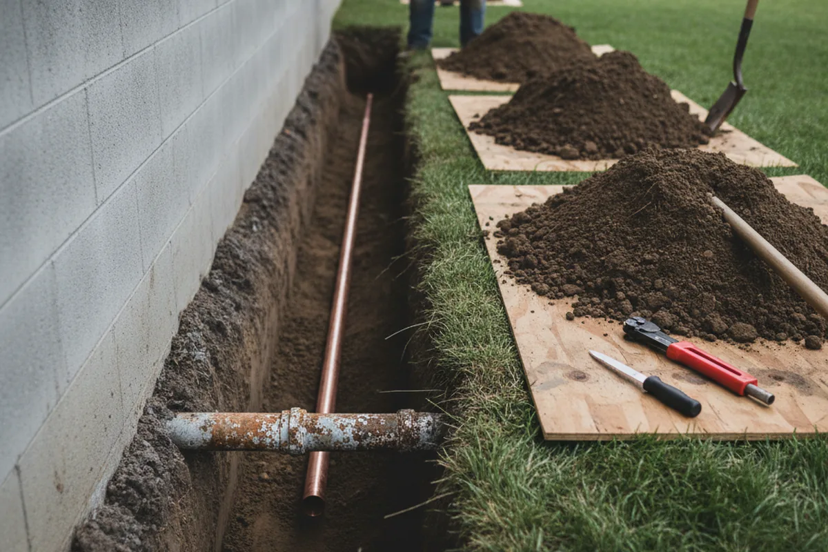 Excavated water line trench during Water Softener Installation in Rosemary Beach